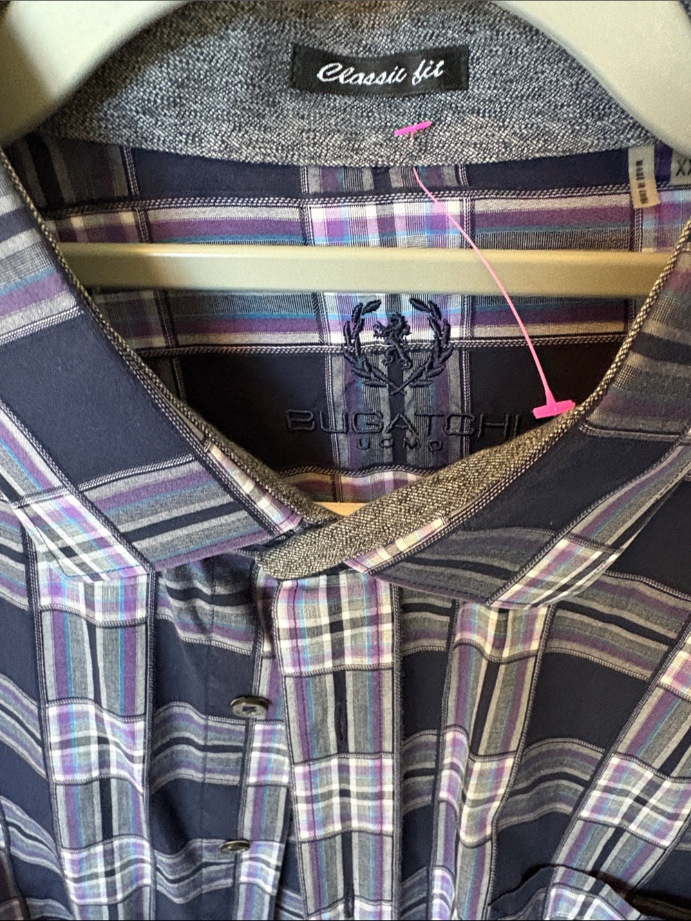 Bugatchi Navy Plaid Button-Down with Purple and Gray Accents Size medium